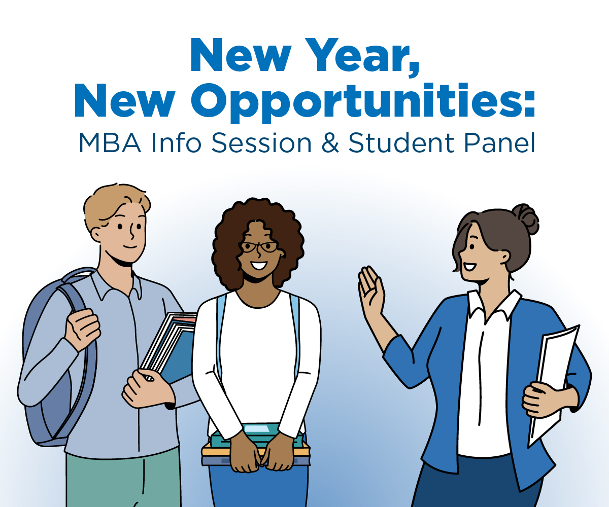 Illustration of MBA students and a professor smiling together